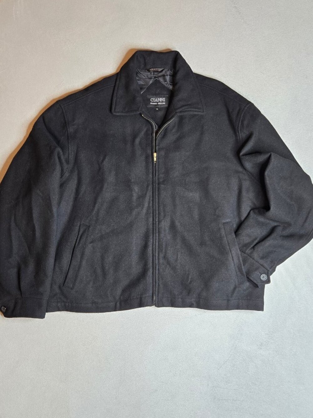 Vintage Cianni Cellini Men's XL Black Wool Blend Full Zip Jacket Bomber Style Ex